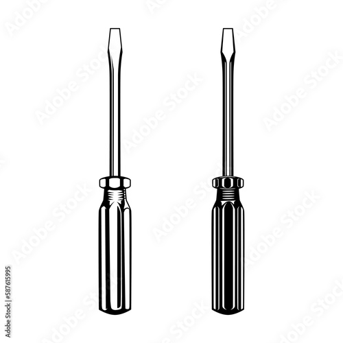 Black and white illustration of screwdriver vector icon. Mechanical tool collections.