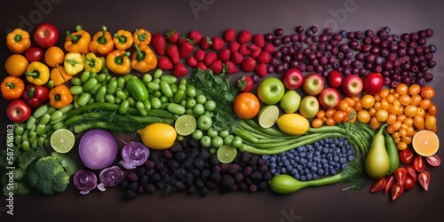 Organic fruits and vegetables arranged in a rainbow pattern   generative AI