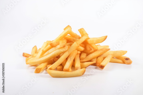 Fried hanging french fries with salt in a pile on a white background isolate. AI generated.