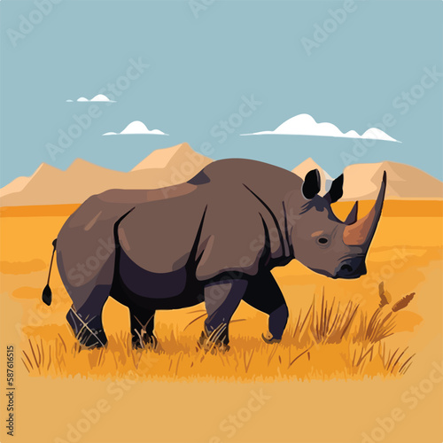 Black rhinoceros in the grasslands. Threatened or endangered species animals. Flat vector illustration concept. Generative AI photo