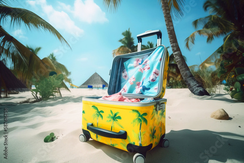 Open yellow suitcase on wheels for tourism, travel on the beach with palm trees. AI generated. © Serhii