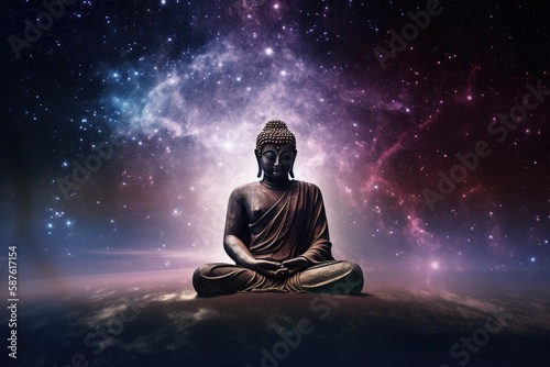 Buddha meditating in space - galaxies  stars  space dust  cosmic lights and planets  generative ai
