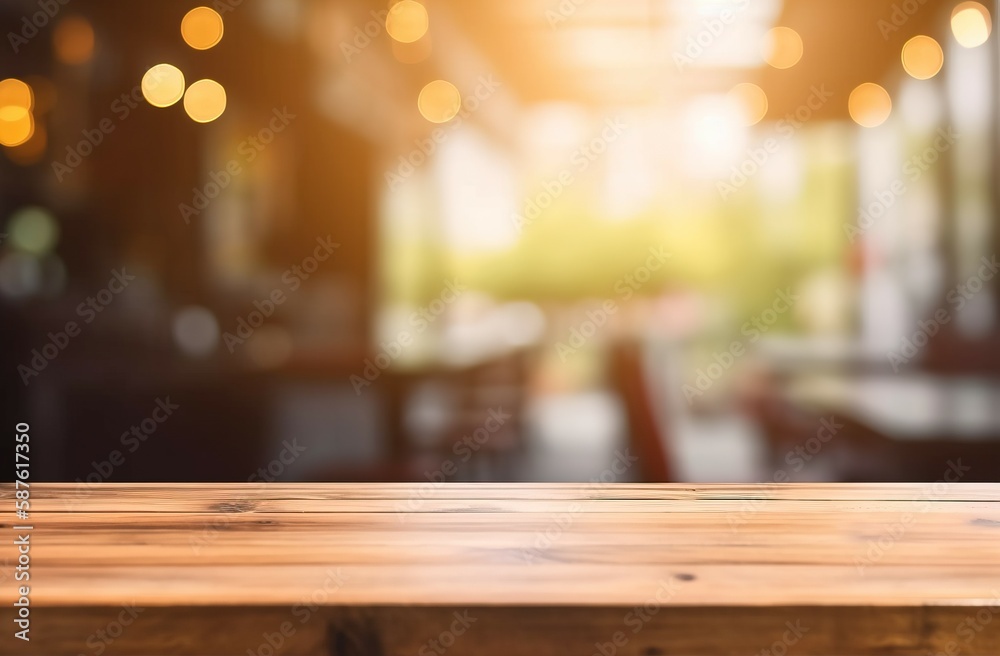A blurred backdrop of wooden tables in a restaurant with bokeh light. AI-generated images
