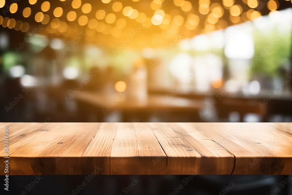A blurred backdrop of wooden tables in a restaurant with bokeh light. AI-generated images A blurred backdrop of wooden tables in a restaurant with bokeh light. AI-generated images