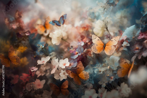 Beautiful colorful wild flowers and butterflies  made with generative AI