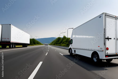 Semi-truck with cargo trailer driving at the city streets. Fast moving truck. Lorry truck driver go fast at the empty autobahn