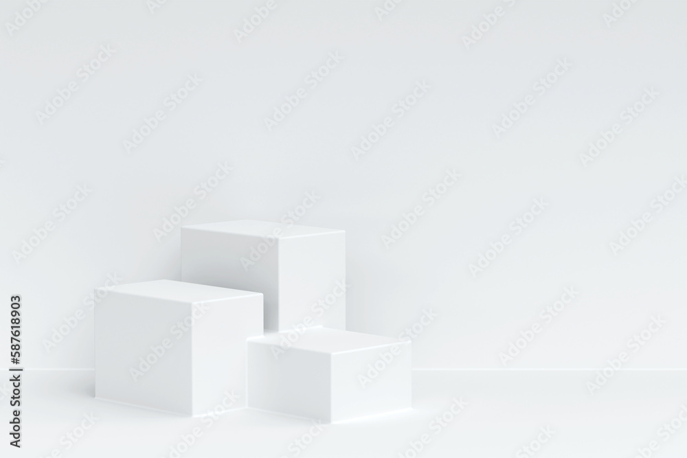Three white square pedestal podium and white wall backdrop. White minimal wall scene for product display presentation, 3d rendering