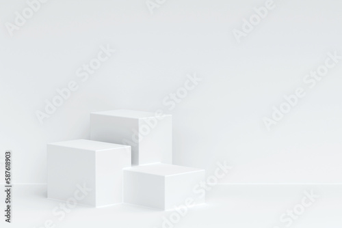 Three white square pedestal podium and white wall backdrop. White minimal wall scene for product display presentation, 3d rendering