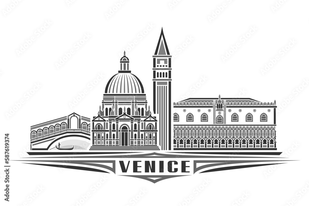 Vector illustration of Venice, monochrome horizontal card with linear design venice city scape, european historic line art concept with decorative lettering for black text venice on white background