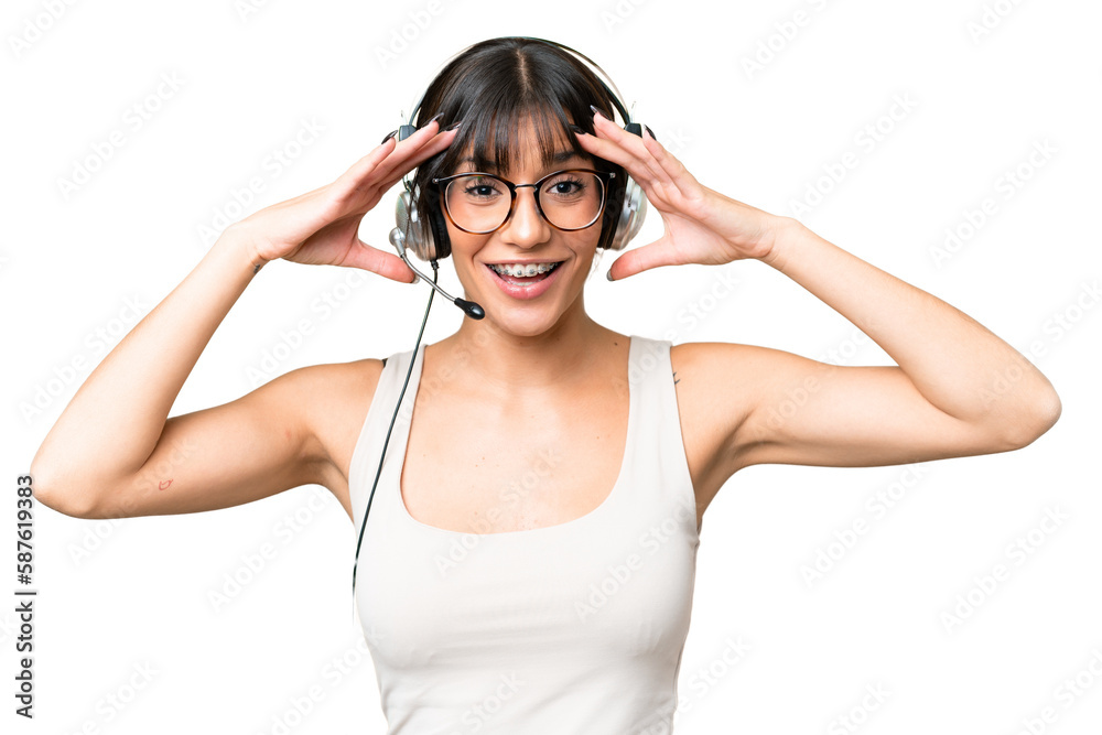 Telemarketer caucasian woman working with a headset over isolated background with surprise expression Telemarketer caucasian woman working with a headset over isolated background with surprise expression