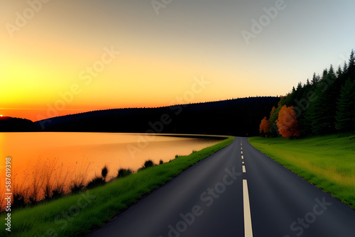 Road By Lake Against Sky During Sunset