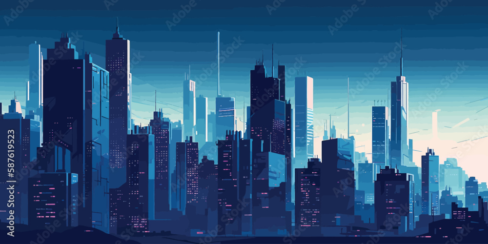 Skyscraper City in Flat Graphic Style: A Strong Contrast of Light and Shadows in Striking Blue