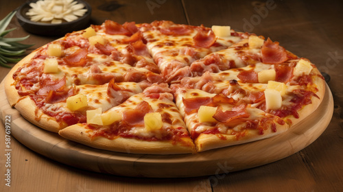 Pizza Hawaii with Pineapple on wooden plate