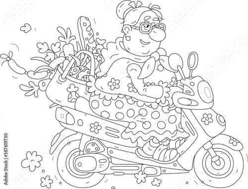 Funny chubby granny with a bag full of groceries from a shop driving her motor scooter on a way home, black and white outline vector cartoon illustration for a coloring book