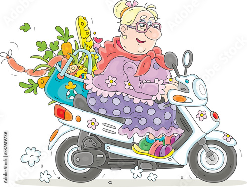 Funny chubby granny with a bag full of groceries from a shop driving her motor scooter on a way home, vector cartoon illustration isolated on a white background