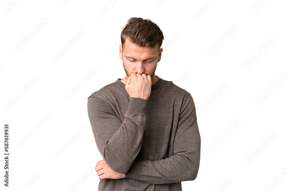 Young handsome caucasian man over isolated chroma key background having doubts Young handsome caucasian man over isolated chroma key background having doubts