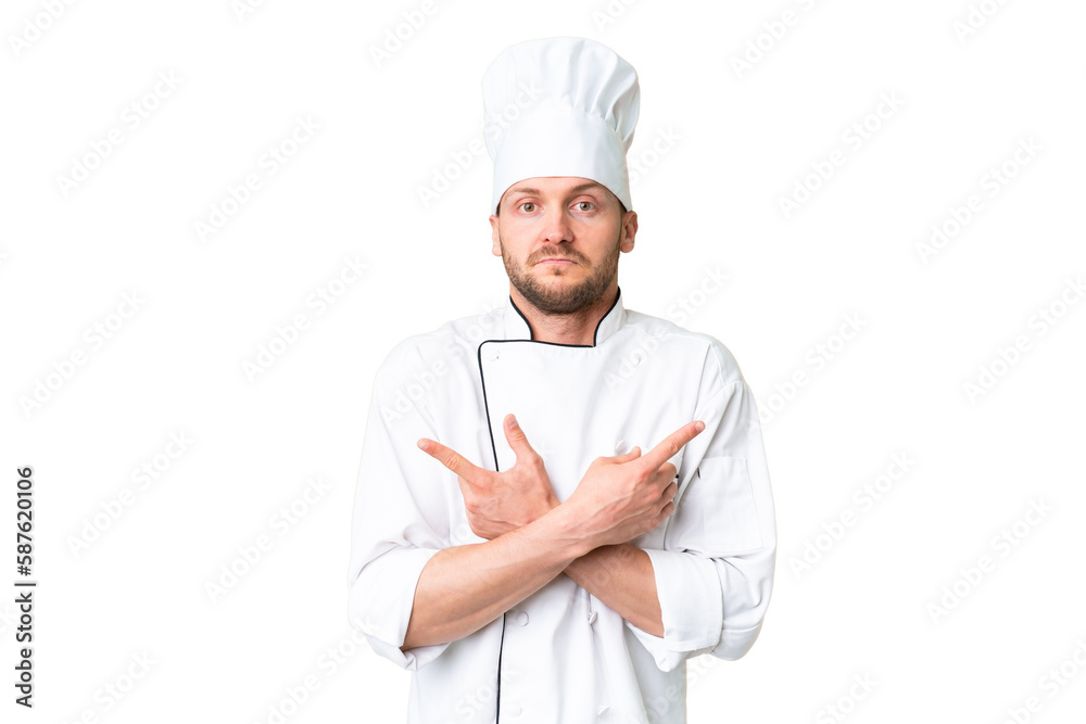Young caucasian chef over isolated chroma key background pointing to the laterals having doubts Young caucasian chef over isolated chroma key background pointing to the laterals having doubts