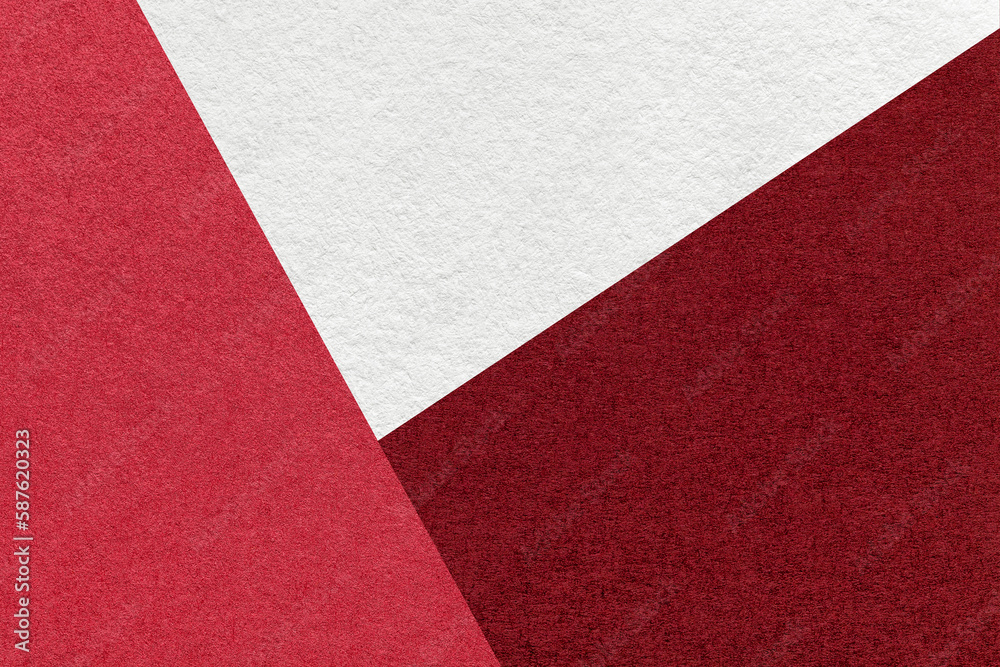 Fototapeta premium Texture of craft white, wine and dark red color paper background, macro. Structure of vintage abstract cardboard