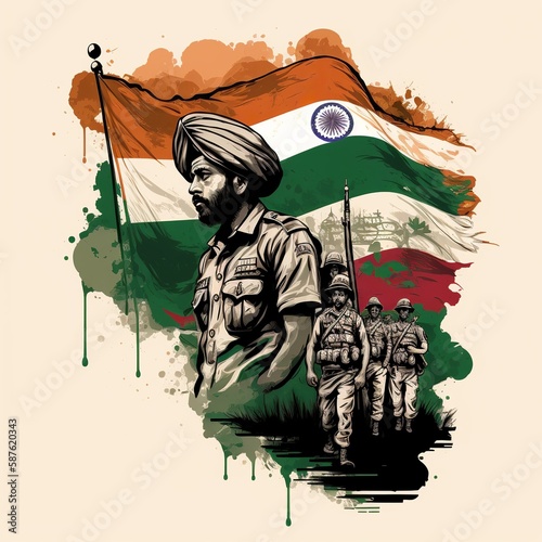Indian soldier with flag, generative ai