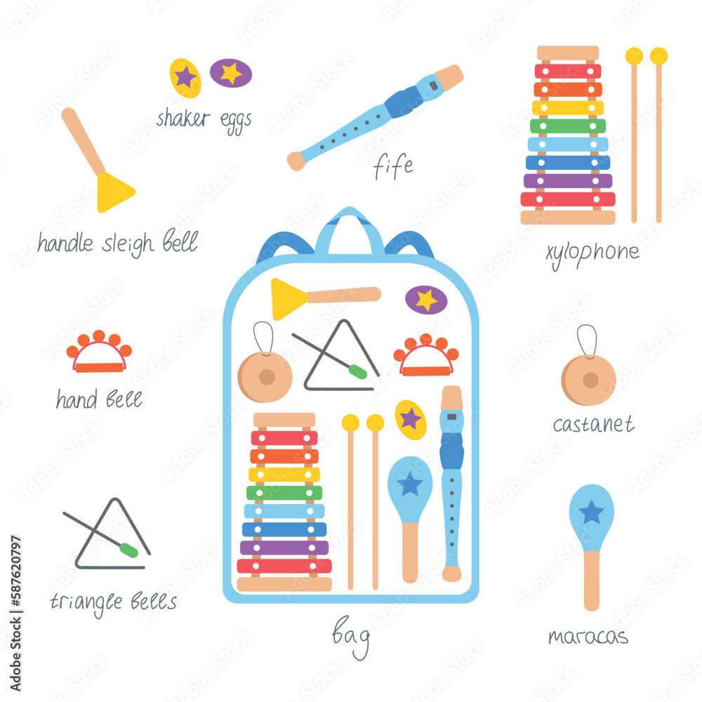 Hand drawn toy musical instruments for kids with backpack. Flat vector illustration