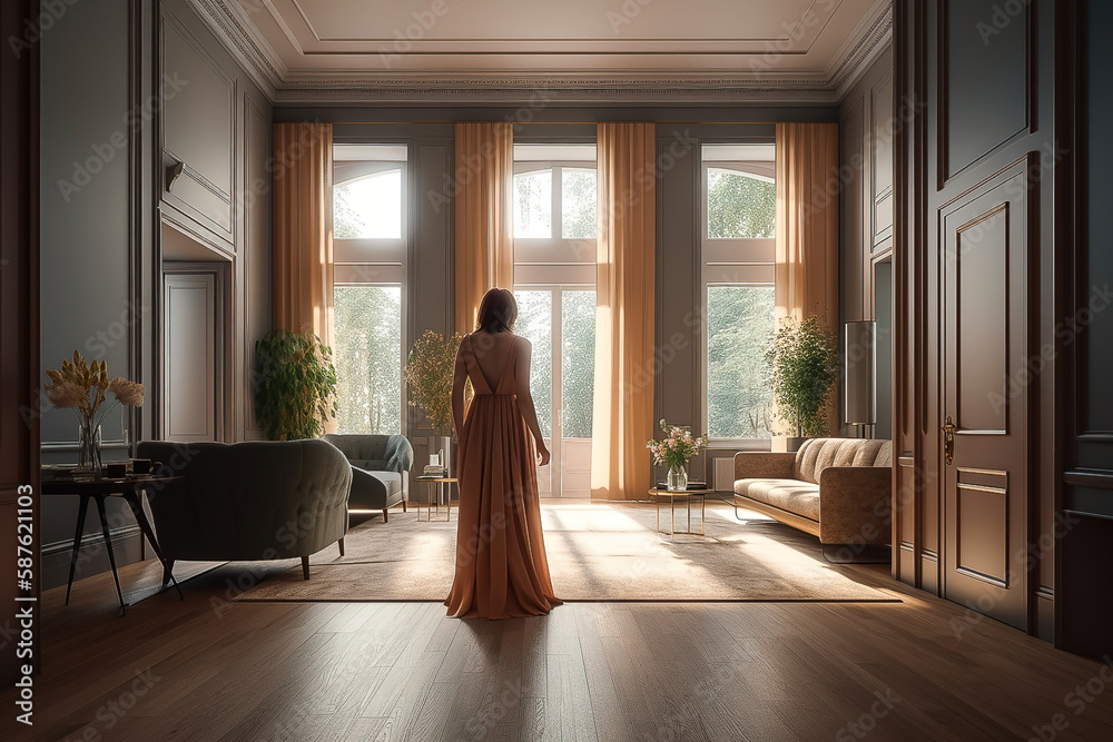 a woman walking in a elegant modern villa living room with wooden high ...