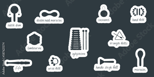 Hand drawn toy musical instruments for kids. Flat vector silhouette illustration for stickers