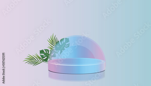 Pink and Blue Gradient 3D Platform with leaves for Cosmetic Product Showcase
