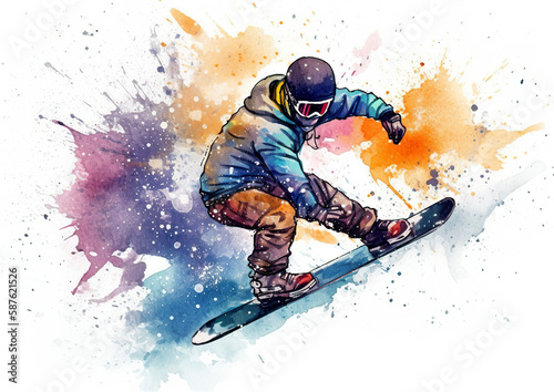 Watercolor abstract illustration of Snowboarding. Snowboarding in action during colorful paint splash  isolated on white background. AI generated illustration.