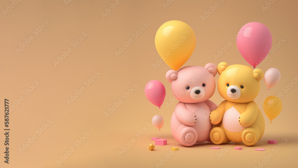 3d teddy bears with air balloons isolated on background. AI Generated. 3d teddy bears with air balloons isolated on background. AI Generated.
