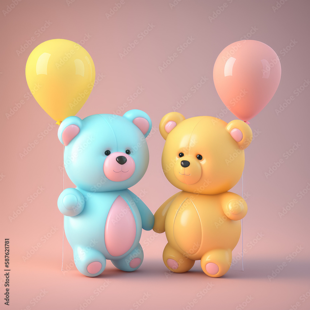 3d teddy bears with air balloons isolated on background. AI Generated.