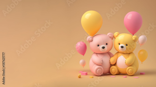 3d teddy bears with air balloons isolated on background. AI Generated.