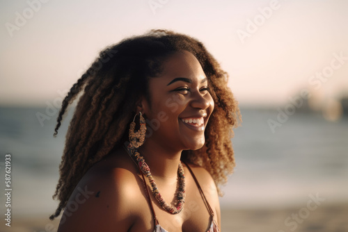 Portrait of smiling young black woman with sunlight flare and beach on the background. AI Generated.