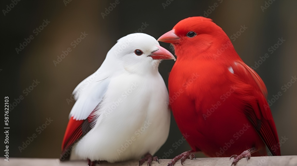Red and a white birds hugging each other