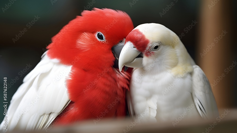 Red and a white birds hugging each other