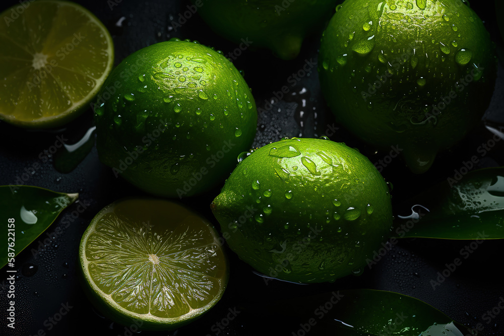 Limes on dark background with drops of water, overhead angle - generative AI Limes on dark background with drops of water, overhead angle - generative AI