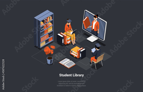Media Book Library. Characters Reading Books Online On Laptop And Tablet Using Application. Modern Digital Library Interior With Customer Service Agent On Computer. Isometric 3d Vector Illustration