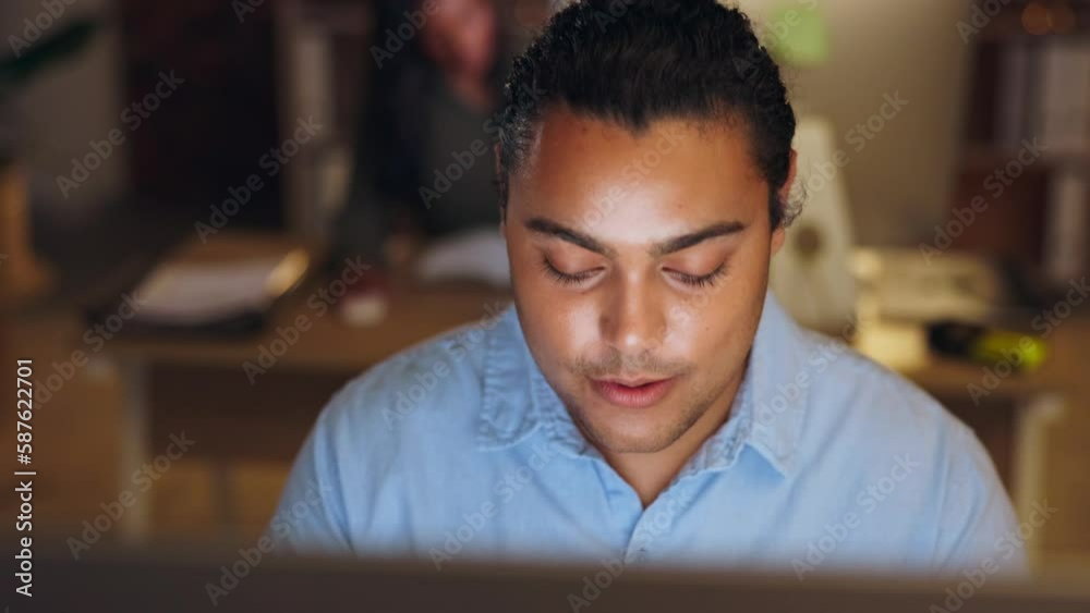 Face, business or man typing on computer in office, working on email or content research project online. Social media, article or journalist writing reports, planning or internet late in overtime Face, business or man typing on computer in office, working on email or content research project online. Social media, article or journalist writing reports, planning or internet late in overtime