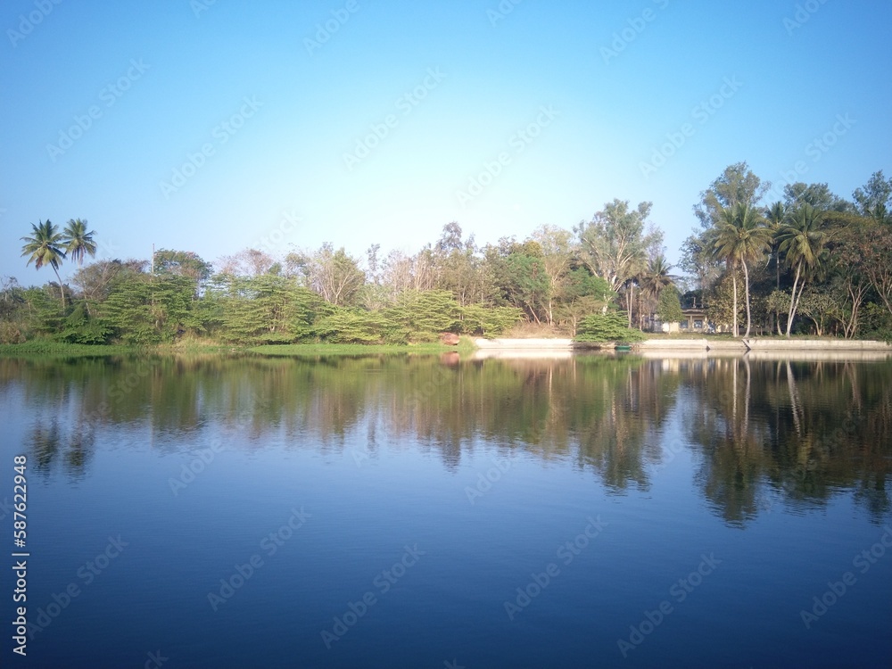 Lake view of landscape nature with reflection on water 