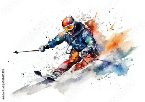 Watercolor abstract illustration of Skiing. Skiing in action during colorful paint splash, isolated on white background. AI generated illustration.