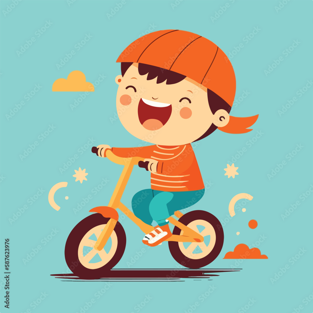 Happy boy riding a bicycle. Colorful flat vector illustration concept for World Children's Day. Generative AI