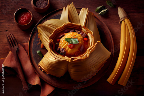 Delicious steamed tamal. Traditional Colombian food tamale photo