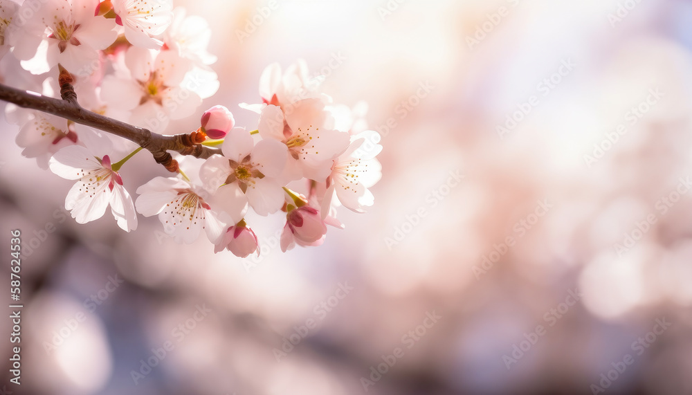 Spring background with beautiful blossoming Sakura branch. Generative AI.