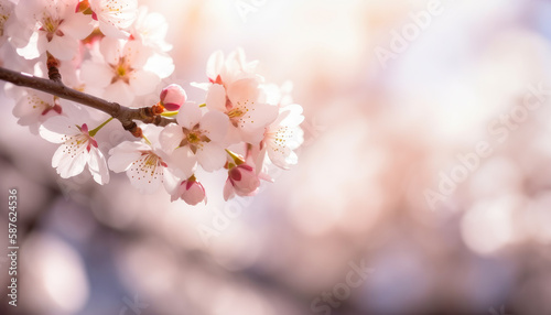 Spring background with beautiful blossoming Sakura branch. Generative AI. © julijadmi