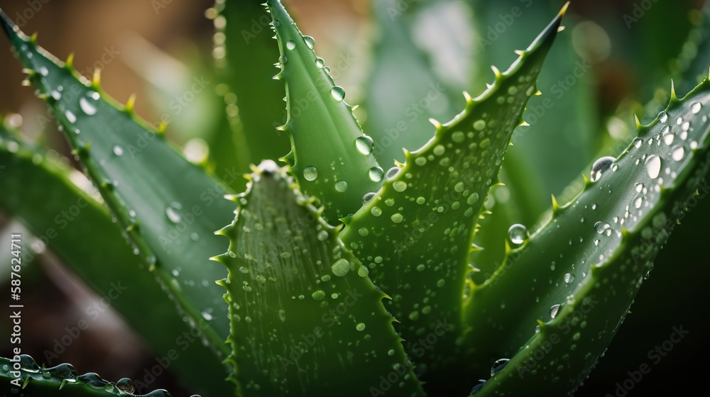 Closeup of aloe tropical plant leaves with rain drops. Green natural backdrop. Generative AI Closeup of aloe tropical plant leaves with rain drops. Green natural backdrop. Generative AI