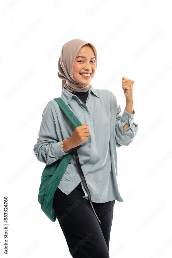 excited Asian Muslim student in hijab celebrate with backpack in isolated background excited Asian Muslim student in hijab celebrate with backpack in isolated background