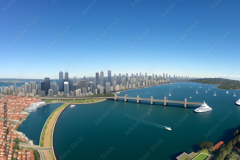 Stunning wide angle panoramic aerial drone view of the City of Sydney, Australia skyline with Harbour Bridge and Kirribilli suburb in foreground. Photo shot in May 2021, showing newest ... See More