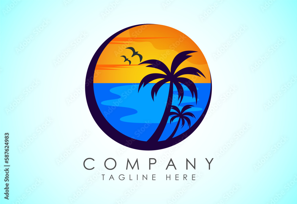 Beach logo design. Sun sunset sunrise with beach ocean sea water logo icon.