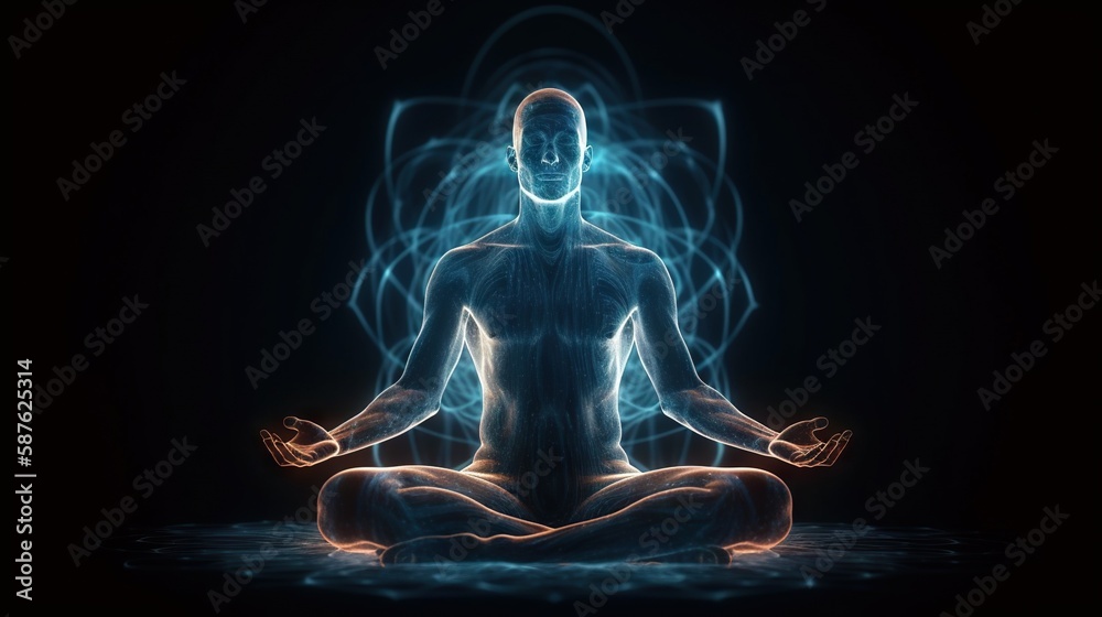 Human meditate in lotus pose with blue energy flow through his body. Transcendental yoga or prayer. Generative AI - obrazy, fototapety, plakaty 