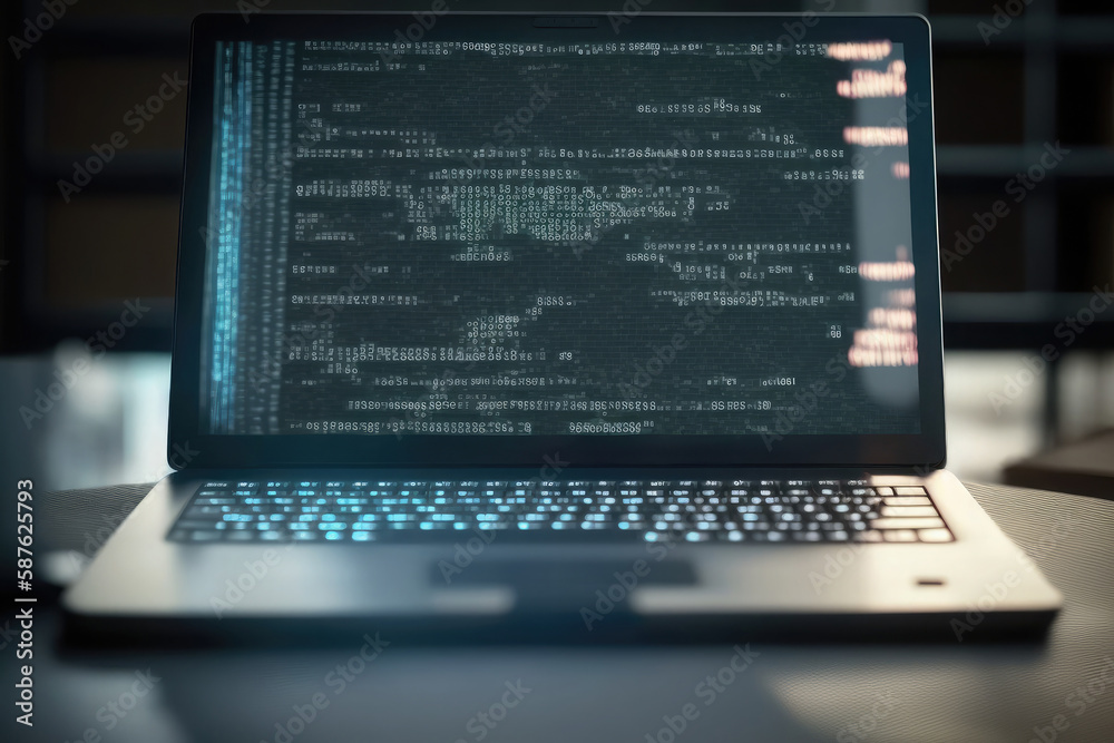 AI generated hacker laptop with binary computer code internet and network security AI generated hacker laptop with binary computer code internet and network security