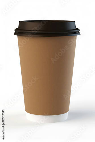 Brown paper cup of coffee with a dark lid on a white background. 3D illustration. Eco friendly, zero waste, plastic free concept. Front view. Image is AI generated.